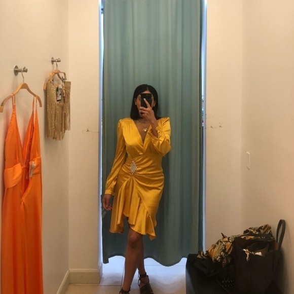 NWT Marie Satin Gold Ruffle Formal Midi Dress - Picture 3 of 10